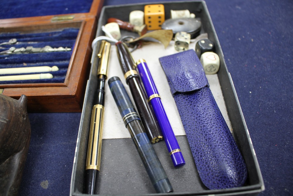 A wooden cased technical drawing set, signed Elliott, four pens, a desk seal and sundries